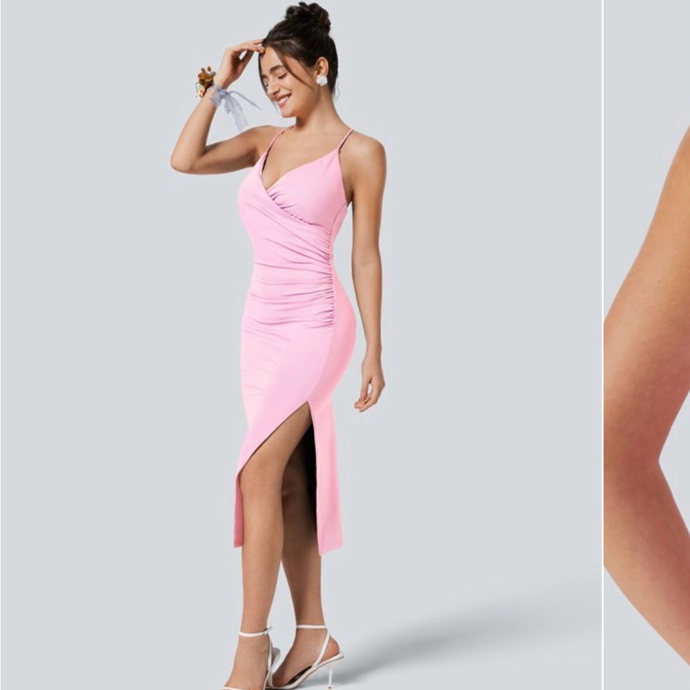 HALARA Pink Softly Zero Airy Crossover Ruched Lace Bodycon Dress